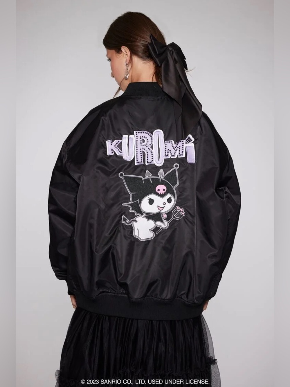 F21 Sanrio Kuromi Bomber Jacket Oversized Black Purple Zip Size Small